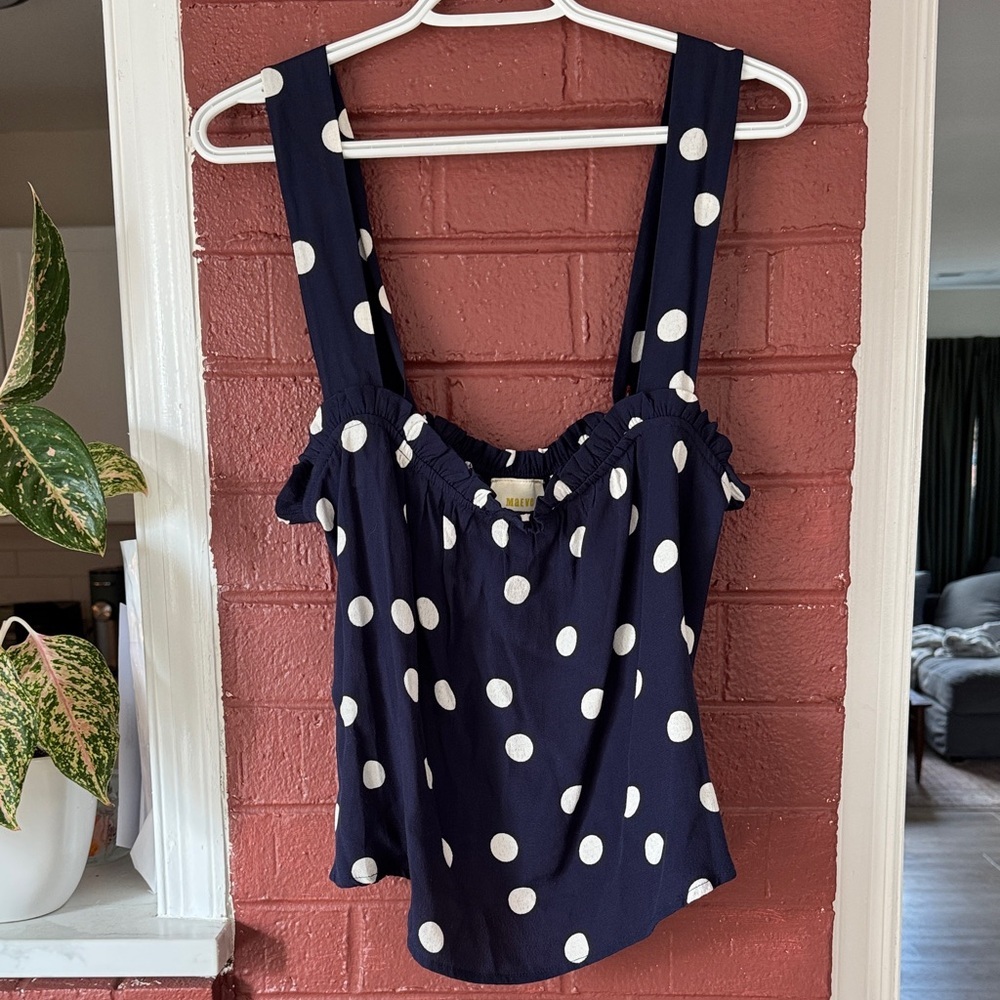 Maeve Anthropologie Navy & White Polka Dot Blouse with Adjustable Button Straps